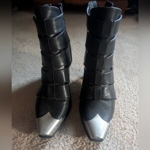 Black Leather Ankle Boots with Silver Toe Caps